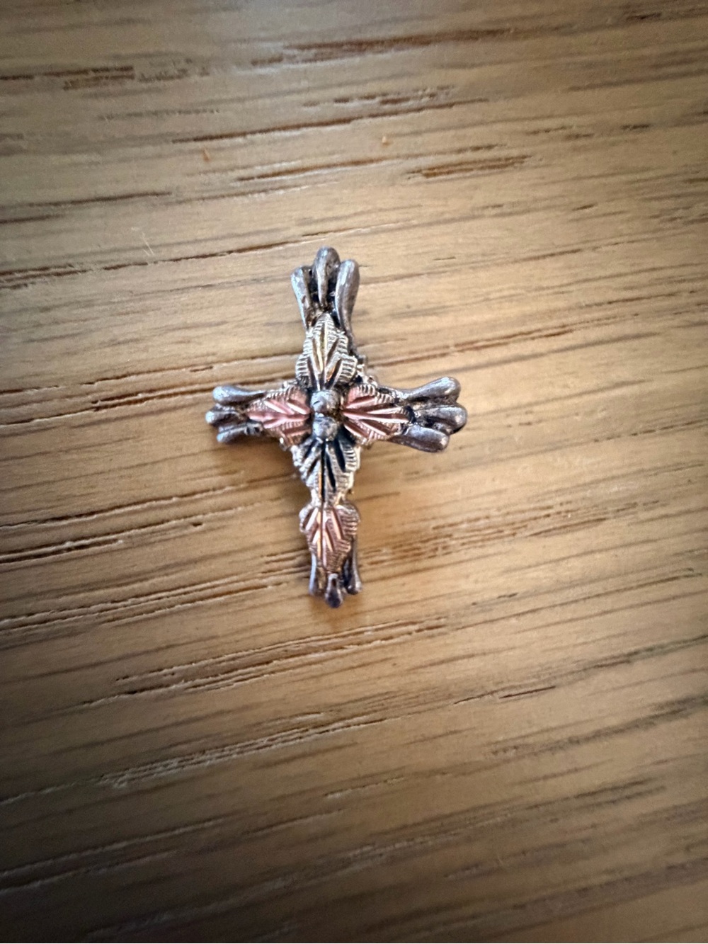 Vintage Mini Two-Tone Leaf Cross Pendant - Copper & sterling Silver Tones